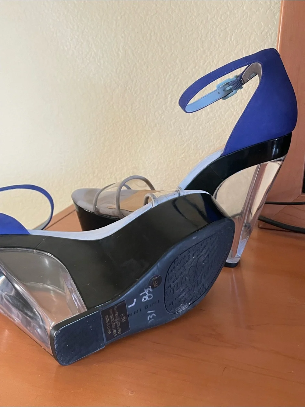 Gianni Bini Blue and Silver Clear-Platform Block Heel Sandals